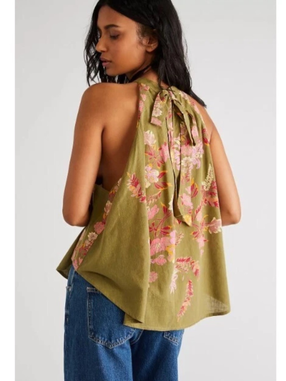 Free people Olive Green Floral Tie-Back Women's top